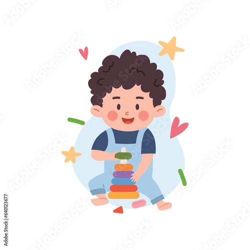 Cheerful baby playing with colorful pyramide toy, flat vector illustration isolated on white background.