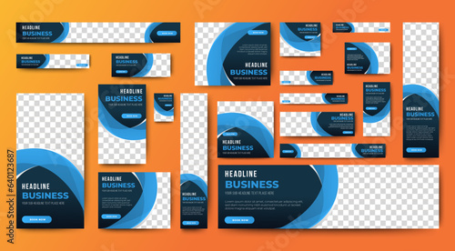 set of corporate web banners of standard size with a place for photos. Editable text. Vertical, horizontal and square template
