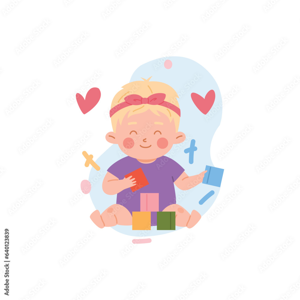 Cheerful toddler girl sitting collects pyramid of colored cubes, cartoon baby playing toys, constructor vector education Cheerful toddler girl sitting collects pyramid of colored cubes, cartoon baby playing toys, constructor vector education