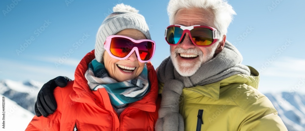 Happy Elderly Couple at Ski Resort. Generative AI Happy Elderly Couple at Ski Resort. Generative AI