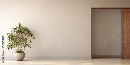 Interior background of empty room with stucco wall, plant and opened door to the dinig room, panorama