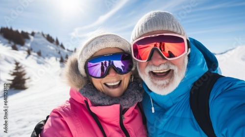 Happy Elderly Couple at Ski Resort. Generative AI
