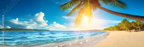 Panorama tropical paradise beach island with palm tree. Best for wide banner  Web header. 8k resolution