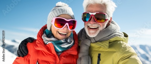 Happy Elderly Couple at Ski Resort. Generative AI