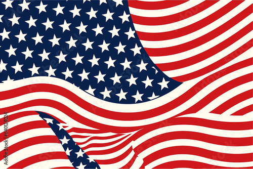 American flag background. Flat illustration. American flag waving in the wind. 