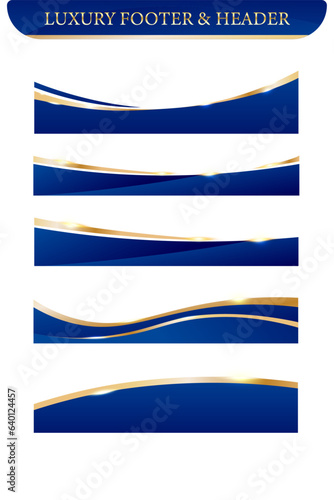 Wavy blue curved border header and footer, Luxury golden frame with navy blue, Shiny, Vector