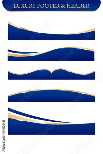 Wavy blue curved border header and footer, Luxury golden frame with navy blue, Shiny, Vector
