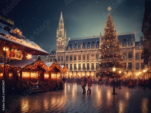Generative AI illustration of crowd of people walking on retro European city square in Christmas market with decorated trees by classic buildings at night