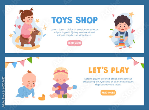 Cute babies playing toys vector flyers set, toddlers collects pyramid, rides on rocking horse, cartoon toys shop banners