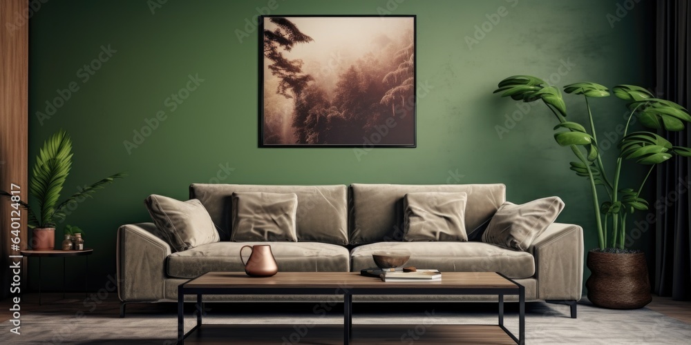 Interior design of living room with coffee table and green armchair, mock up poster on the wall Interior design of living room with coffee table and green armchair, mock up poster on the wall