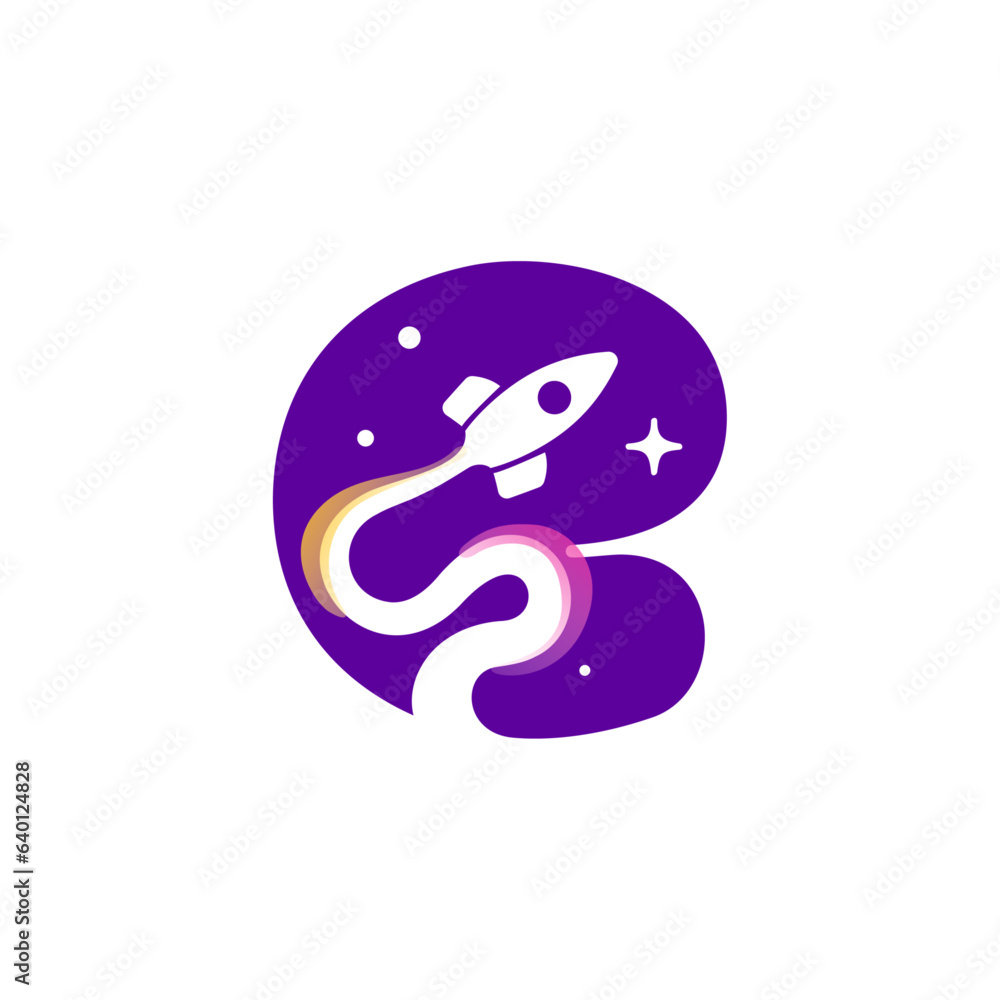 Letter E logo with rocket launch trail, planets, and stars. Negative space style icon. Vector typeface for science identity, planet travel app, chemistry posters, jet company, and biology advertising. Letter E logo with rocket launch trail, planets, and stars. Negative space style icon. Vector typeface for science identity, planet travel app, chemistry posters, jet company, and biology advertising.