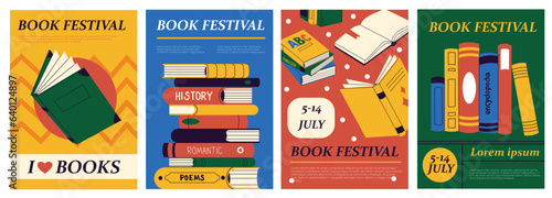 Books posters. Abstract modern covers of fiction and education genre, book festival banners. Summer magazine design vector concept