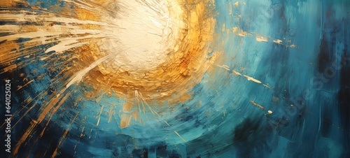 Fototapeta Naklejka Na Ścianę i Meble -  Closeup of abstract rough gold blue sun explosion painting texture, with oil brushstroke, pallet knife paint on canvas - Art background illustration
