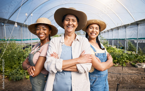 Farming, portrait of group of women in greenhouse and sustainable small business in agriculture. Happy farmer team at vegetable farm, agro career growth and diversity with eco friendly organic plants