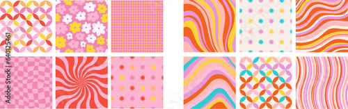 Groovy seamless patterns with funny happy daisy, wave, chess, mesh, and sunburst. Set of vector backgrounds in trendy retro trippy style. Hippie 60s, 70s style. Yellow, pink, red colors.