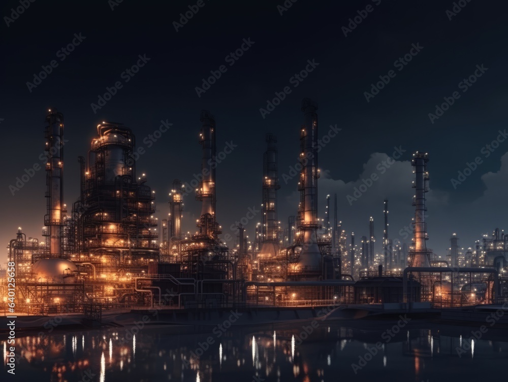 Generative AI illustration of aerial view of illuminated industrial petroleum refinery with distillation towers and pipes in glowing light at night