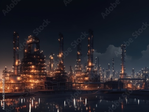 Generative AI illustration of aerial view of illuminated industrial petroleum refinery with distillation towers and pipes in glowing light at night © Anton Gvozdikov