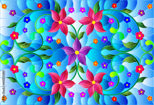 Illustration in stained glass style with abstract  swirls,flowers and leaves  on a blue background,horizontal orientation