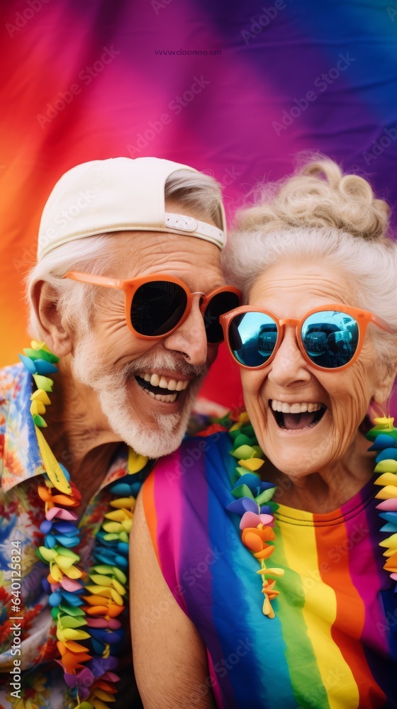 Happy Elderly Couple with Rainbow Background. Generative AI