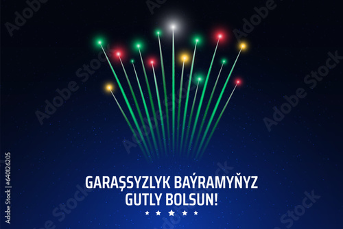 September 27 turkmenistan independence day, turkmen fireworks on dark sky background. Fireworks, flag. National holiday turkmenistan. Greeting card. Vector. Translation September 27th Independence Day