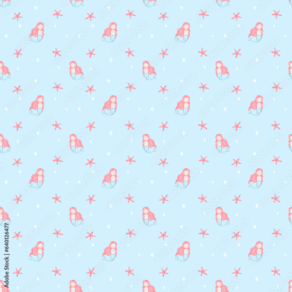 childish seamless pattern with mermaids and crab and starfish. gentle pattern for girls, textile, scrapbooking, wrapping paper. childish seamless pattern with mermaids and crab and starfish. gentle pattern for girls, textile, scrapbooking, wrapping paper.