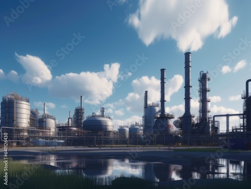 Generative AI illustration of industrial gas and petroleum refinery factory with distillation towers and tanks near river under blue cloudy sky in daylight