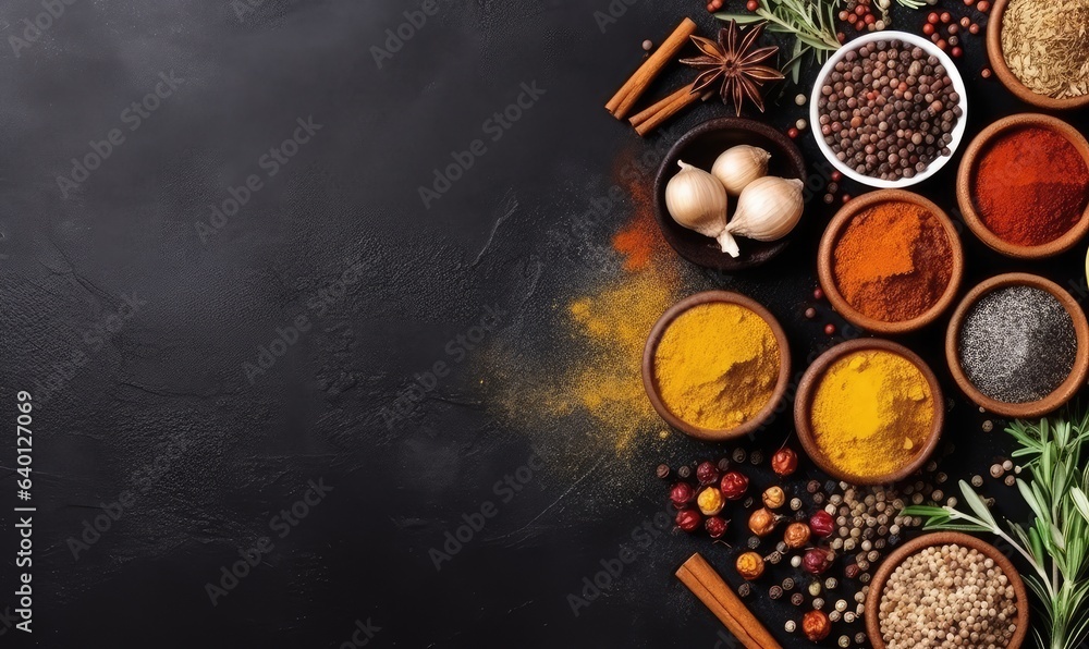 top view Wide variety spices and herbs on background of black table, with empty space for text top view Wide variety spices and herbs on background of black table, with empty space for text