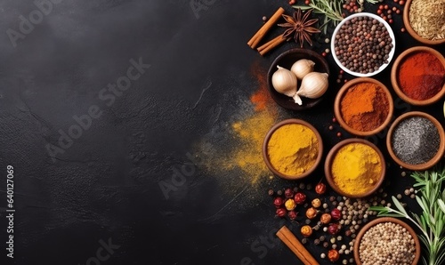 top view Wide variety spices and herbs on background of black table, with empty space for text