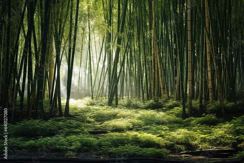 Slika na platnu Towering bamboo stalks create a tranquil grove, as dappled sunlight paints a dan