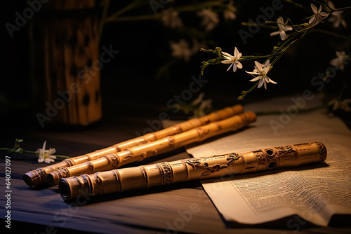 A beautifully crafted bamboo flute rests atop an ancient musical manuscript, evoking tales of traditional melodies and bygone eras
