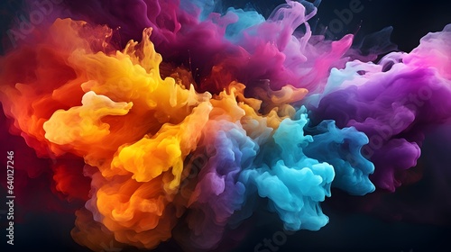 Splash of color paint, water or smoke on dark background, abstract pattern, generative AI.