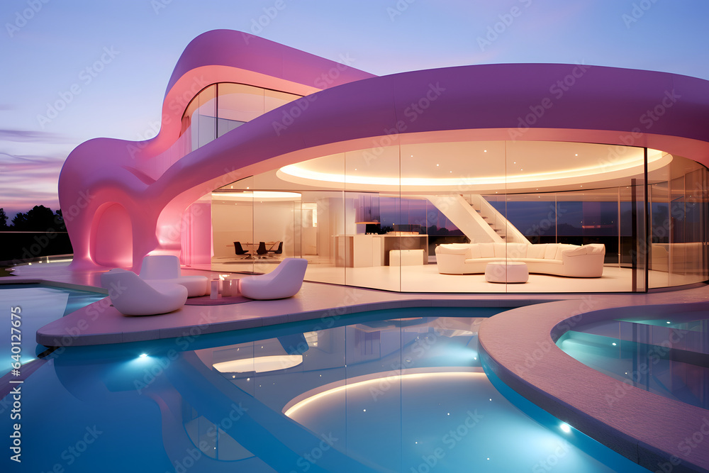Fototapeta premium Pink luxury house pool villa modern design