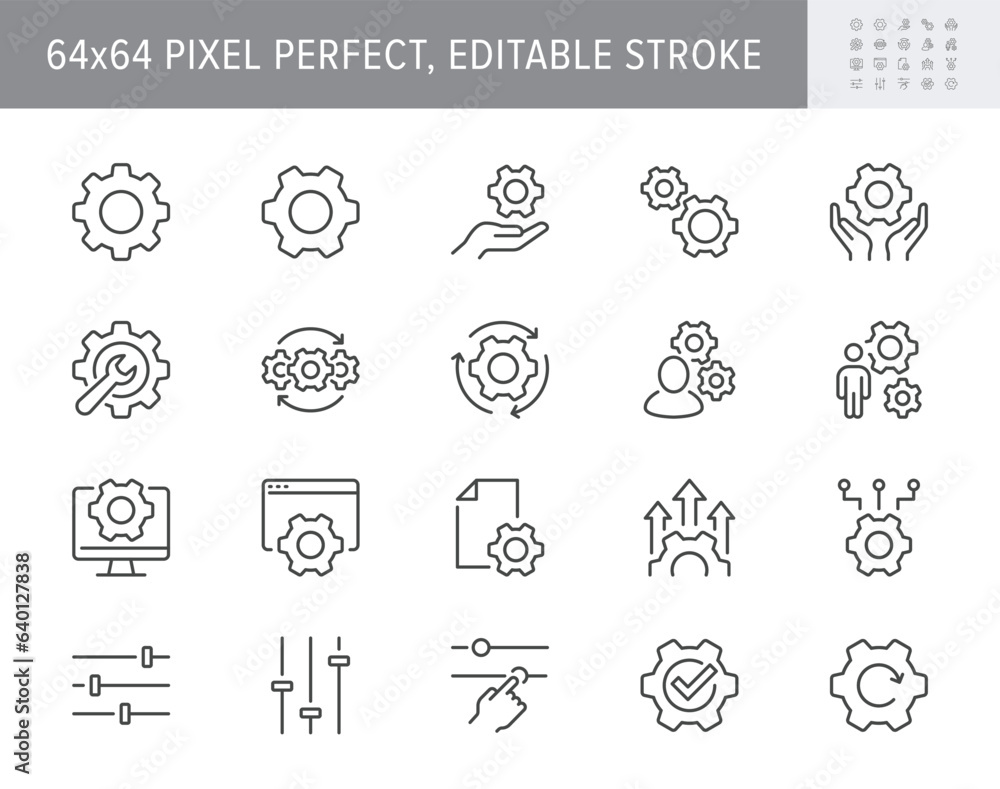 Settings line icons. Vector illustration include icon - cogwheel, repair, spanner, config, automation process, service, outline pictogram for system maintenance. 64x64 Pixel Perfect, Editable Stroke Settings line icons. Vector illustration include icon - cogwheel, repair, spanner, config, automation process, service, outline pictogram for system maintenance. 64x64 Pixel Perfect, Editable Stroke