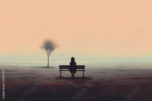A tree standing alone and a girl sitting on a bench. Loneliness.