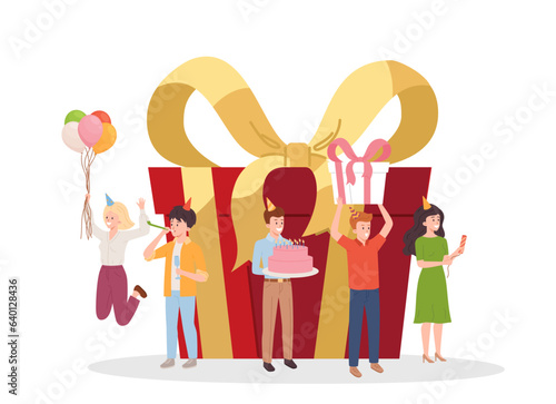 Group of happy people congratulating with birthday, flat vector illustration isolated on white background.