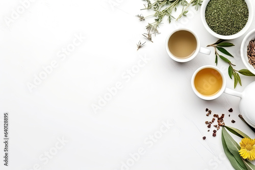 Green tea in a white teapot and cups on white background top view with copy space