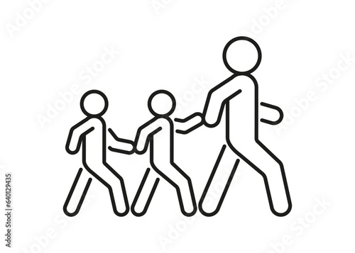 Pedestrian adult person and children walk, escort hold hand, line icon. Safely cross road and walk symbol. Vector outline