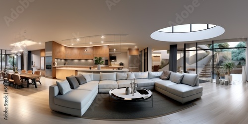 Interior of modern house, living room and dining room, kitchen panorama © Interior Design