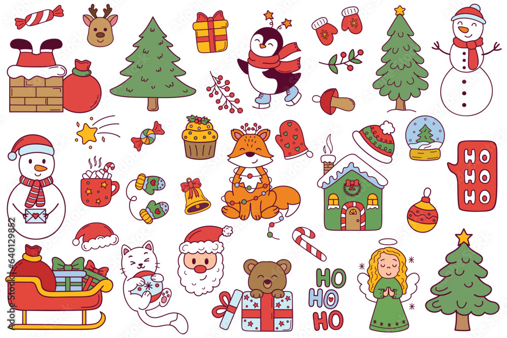 Naklejka premium Big Christmas collection in doodle style with traditional Christmas and New Year elements. Vector set of holiday icons. Kids illustration for Christmas time. Big Christmas set.