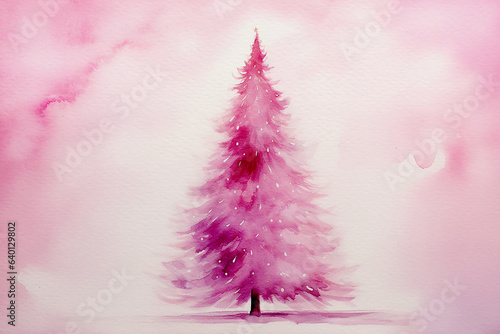 Pretty fantasy very loose watercolour painted style image of a magenta pink christmas tree on a pink pastel watercolour wash background, with coloured paint splashes, barbie theme