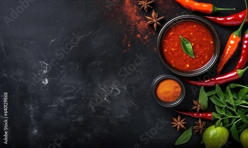 Red chili sauce and chilli pepper on blackboard, flat lay view best picture quality, copy space . Generative AI