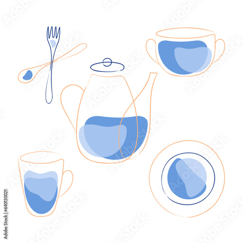 Set of hand drawn utensils stylized doodles teapot plate mug fork and spoon, elements for kitchen restaurant cafe design, isolated, white background. Vector illustration