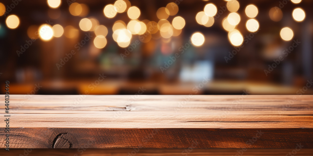 Empty wooden table top with out of focus lights bokeh rustic farmhouse kitchen background Empty wooden table top with out of focus lights bokeh rustic farmhouse kitchen background