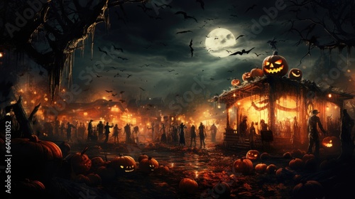 Halloween celebration background with jack o lantern, light, haunted house and other decorations. 