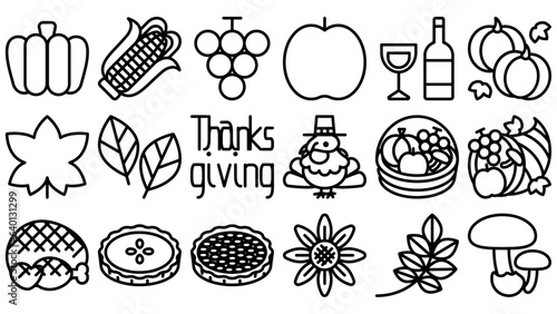 サンクスギビングデーのアイコンセット。シンプルなベクター線画イラスト。 Thanksgiving day icon set. Simple vector line drawing illustrations.