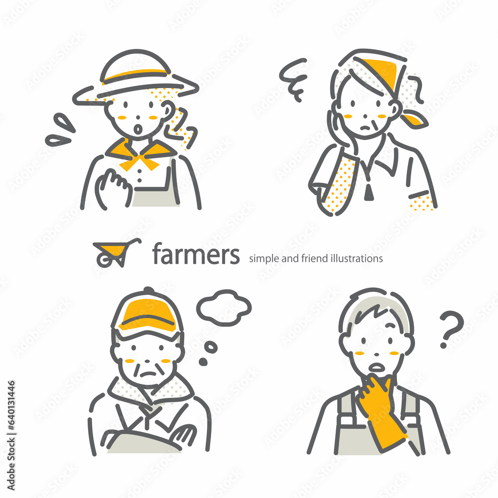 いろいろな農業従事者　二色　困る　シンプルでお洒落な線画イラスト