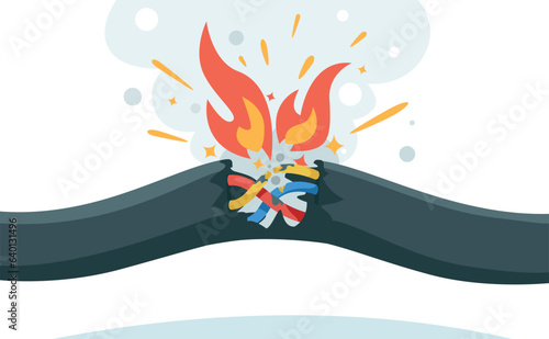 Cable short circuit. Electric wiring problem with damaged insulation, electric cable overload, fire hazard and smoke. Vector emergency isolated illustration