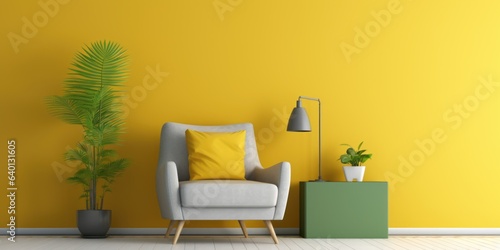 Interior with yellow armchair in modern living room with green wall and mockup poster on it, home design