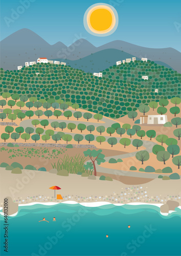 Summer in the middle of olive groves. Hot day on the coast. Vector image.