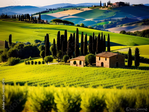 Farmhouse among rolling hills of Tuscany.